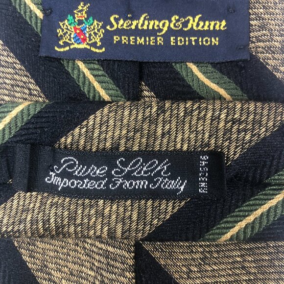 Sterling & Hunt Premier Edition Pure Silk Repp Tie Black Gold Green Stripes Ital - Picture 5 of 5
